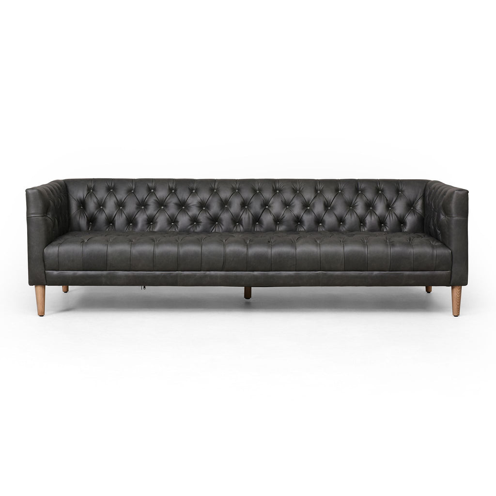 Black Carnegie Leather Sofa 90", Natural Washed Ebony