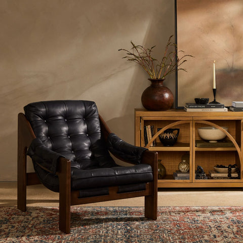 Bassano Tufted Sling Chair, Black Leather