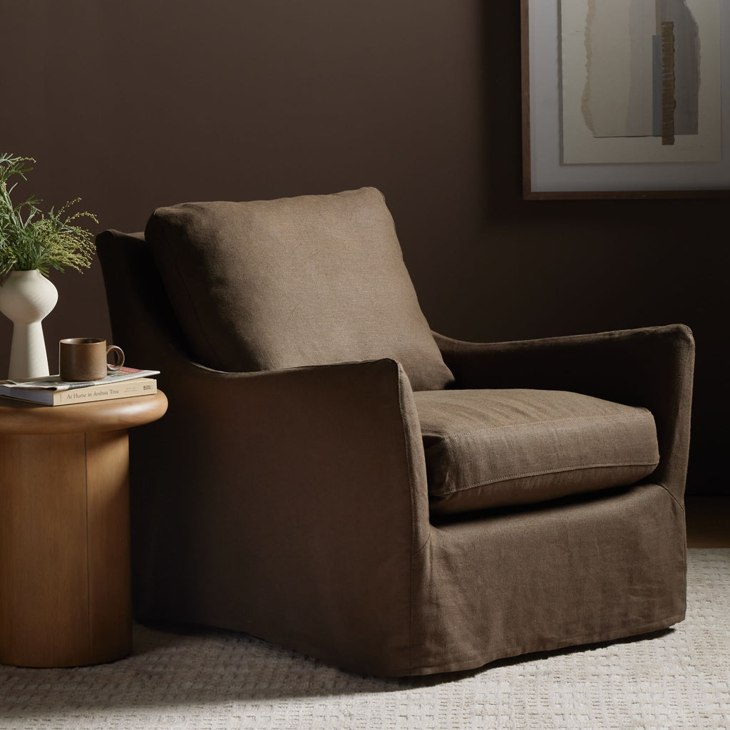 Belgian Linen™ Slipcover Swivel Chair, Brussels Coffee