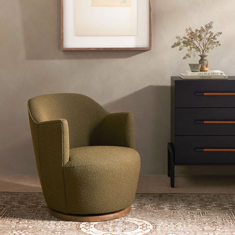 Small Drum Swivel Chair, Fiqa Boucle Olive